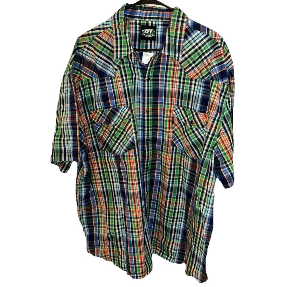 KEY Men's 2XLR Short Sleeve Blue Plaid Pearl Snap Shirt Easy Care Lightweight